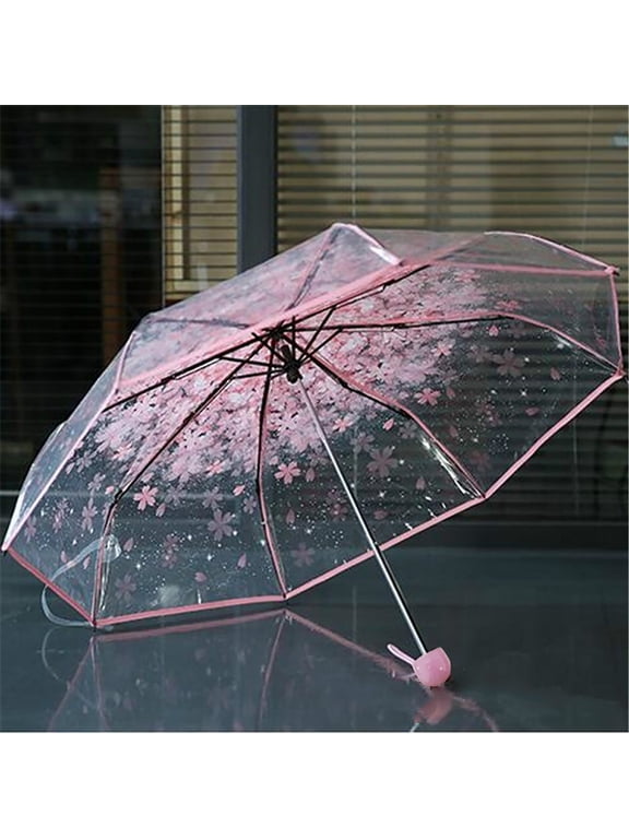 Cherry Blossoms Umbrella Cute Transparent Mini Umbrella Clear Sunny Umbrella for Women Kids Girls Boys Romantic Windproof Wedding Decoration Umbrella, Pink