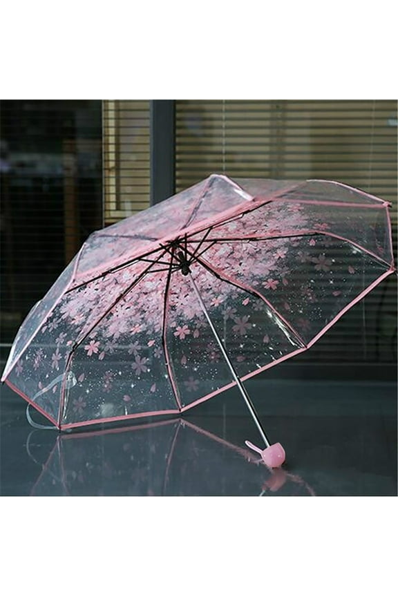 Cherry Blossoms Umbrella Cute Transparent Mini Umbrella Clear Sunny Umbrella for Women Kids Girls Boys Romantic Windproof Wedding Decoration Umbrella, Pink