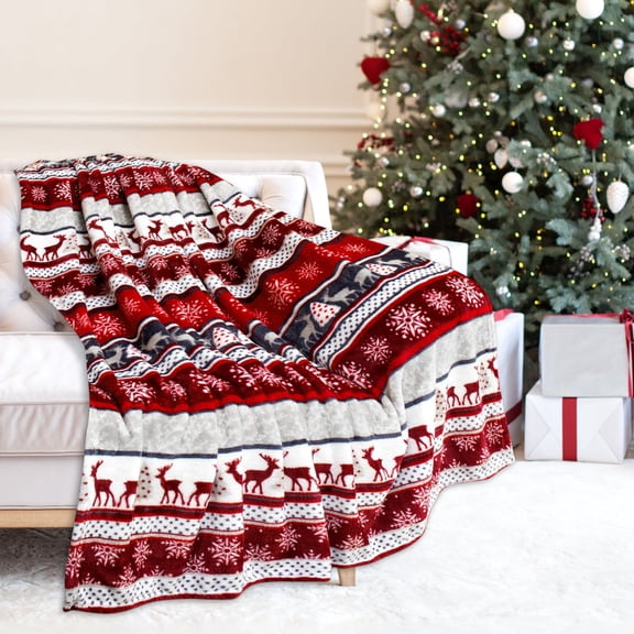 FAMTKT Christmas Blanket Holiday Reindeer Snowflake Printed Flannel Winter Warm Sofa Decoration Cover Blanket