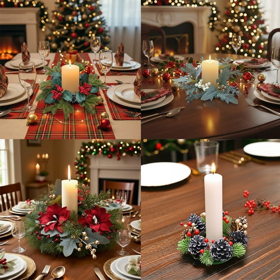 FAMTKT Christmas Decorations Candle Rings Christmas Candlestick Wreath White and Red Pines Cones Pines Branches Green Plant Decoration for Candle Centerpiece Party Decorations