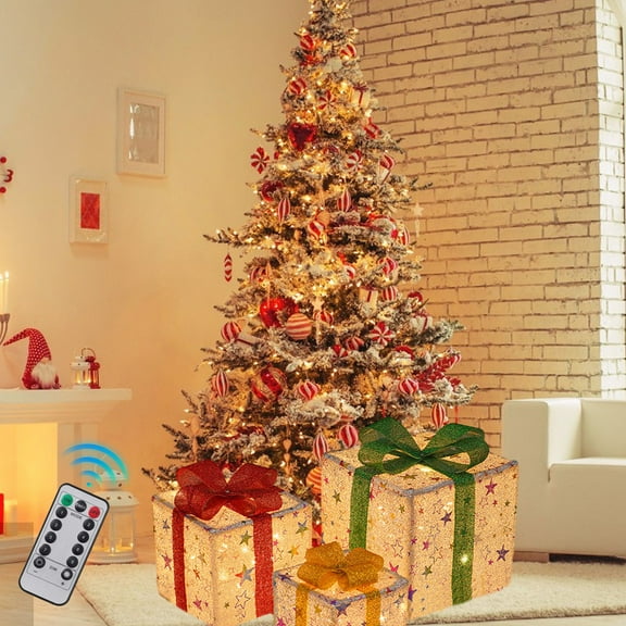 FAMTKT Christmas Lighted Boxes Remote Control Christmas Decorations, Set Of 3 LED Up Present Boxes, Xmas Tree Decorations Gift Box for Home Indoor Outdoor Yard Holiday Birthday Party Decorations