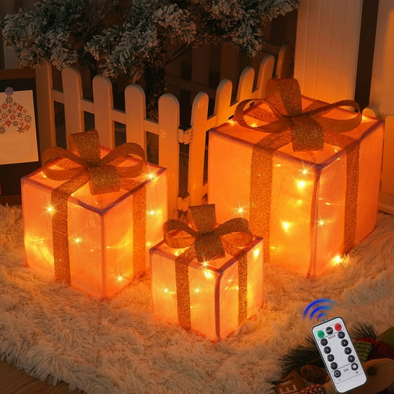 FAMTKT Christmas Lighted Boxes Remote Control Christmas Decorations, Set Of 3 LED Up Present Boxes, Xmas Tree Decorations Gift Box for Home Indoor Outdoor Yard Holiday Birthday Party Decorations