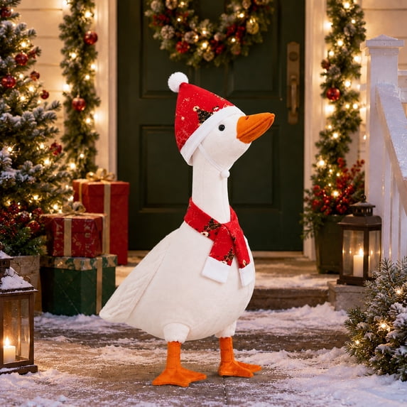 FAMTKT Christmas Porch Goose Statue Outfit with Red Christmas Hat Scarf, Yard Statue Goose Clothing Set for Garden Patio, Winter Holiday Outdoor Decor