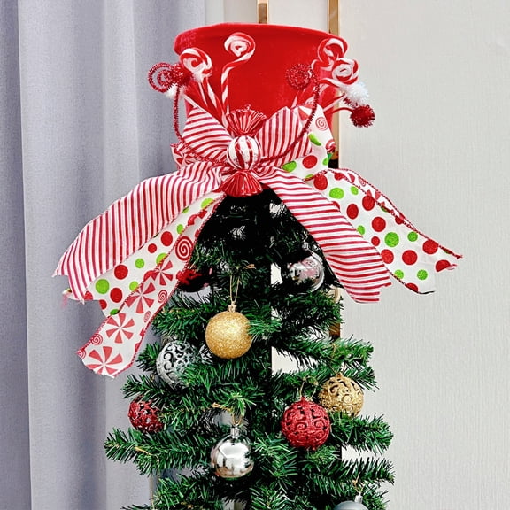 FAMTKT Christmas Tree Topper Christmas Ornaments Christmas Tree Topper Hat Large Red Hat with Striped Bow Ribbon Christmas Tree Decorations Top Hat Desktop Ornaments for Home Xmas Holiday Decor