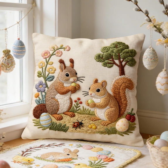 FAMTKT Easter Pillow Covers 18X18 inch, Quilted Embroidered Bunny Floral Design, Decorative Spring Throw Pillow Cases for Couch Sofa Bedroom Home Decor