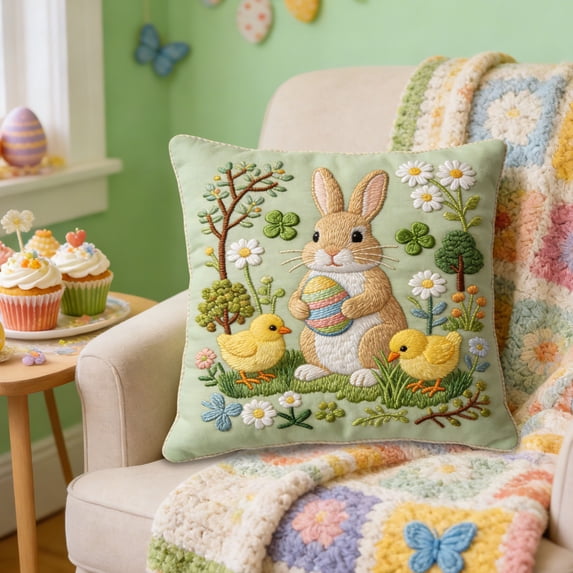 FAMTKT Easter Pillow Covers 18X18 inch, Quilted Embroidered Bunny Floral Design, Decorative Spring Throw Pillow Cases for Couch Sofa Bedroom Home Decor