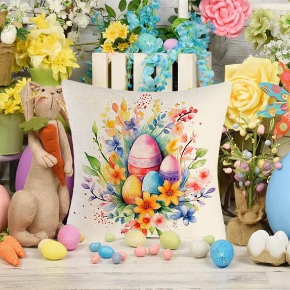 FAMTKT Easter Pillow Covers Spring Easter Throw Pillow Covers Easter Bunny Eggs Cushion Covers Pillow Cases for Home Outdoor Sofa Couch Decoration Linen Fabrics, Easter Pillowcases