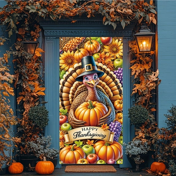 FAMTKT Fall Decor Thanksgiving Door Cover 2025 Festival Party Indoor and Outdoor Doors Vertical Banners Hanging Cloth Flags