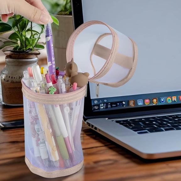 FAMTKT Mesh Pen Bag, Transparent Circular Pen Bag Cylindrical High-value Vertical Pen Bag Stationery Box for Office Supplies Cosmetics Makeup Travel Accessories