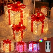 FAMTKT Set of 3 Christmas Lighted Gift Boxes, Pre-lit Xmas Tree Skirt Ornament Christmas Lighted Boxes, Light Up Indoor Outdoor Christmas Pathway Presents Box Holiday Party Yard Decorations