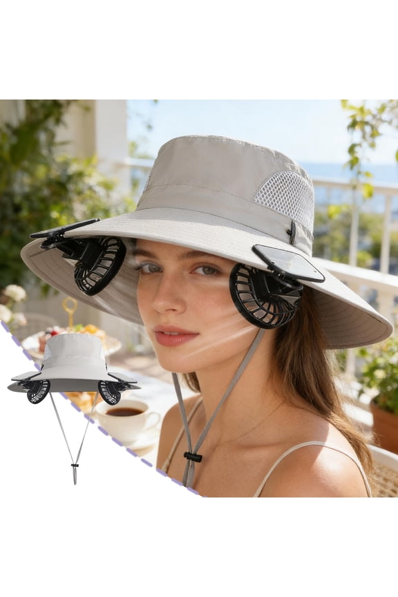 Solar Powered Fan Hat, Wide Brim Bucket Hat with 2 Removable Clip-on Fans for Outdoor Hiking Fishing Gardening