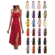 Busydd Summer Dresses for Women 2026 Trendy Polka Dot Spaghetti Straps Sundress Casual Round Neck Sleeveless Midi Dresses for Women Beach Vacation Slit Womens Dresses M