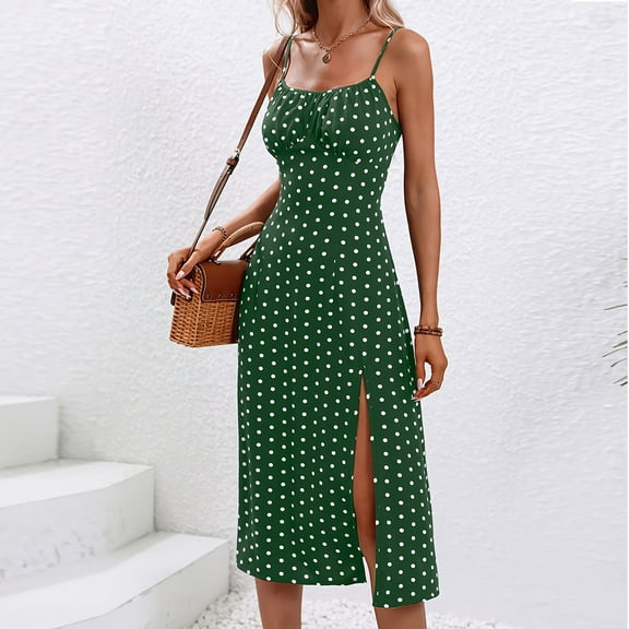 Busydd Summer Dresses for Women 2026 Trendy Polka Dot Spaghetti Straps Sundress Casual Round Neck Sleeveless Midi Dresses for Women Beach Vacation Slit Womens Dresses M