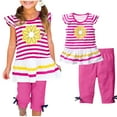 thumbnail image 1 of FAMTKT Toddler Baby Girl Outfits Summer Clothes Casual Clothing Suit Cute Ruffle Short Sleeve Striped T Shirts and Capris Pants Daisy Outfits Sets, 1 of 7
