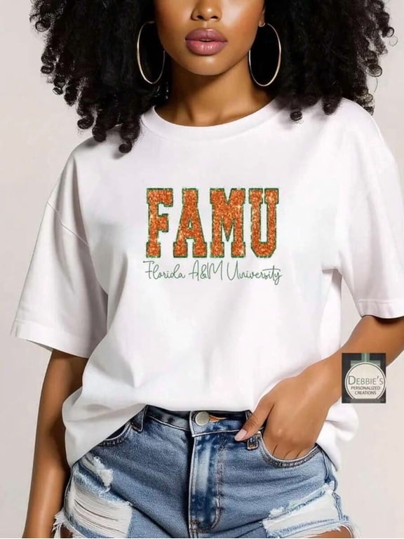 FAMU Faux Glitter Graphic T-Shirt, Casual Short Sleeve Crew Neck Tee