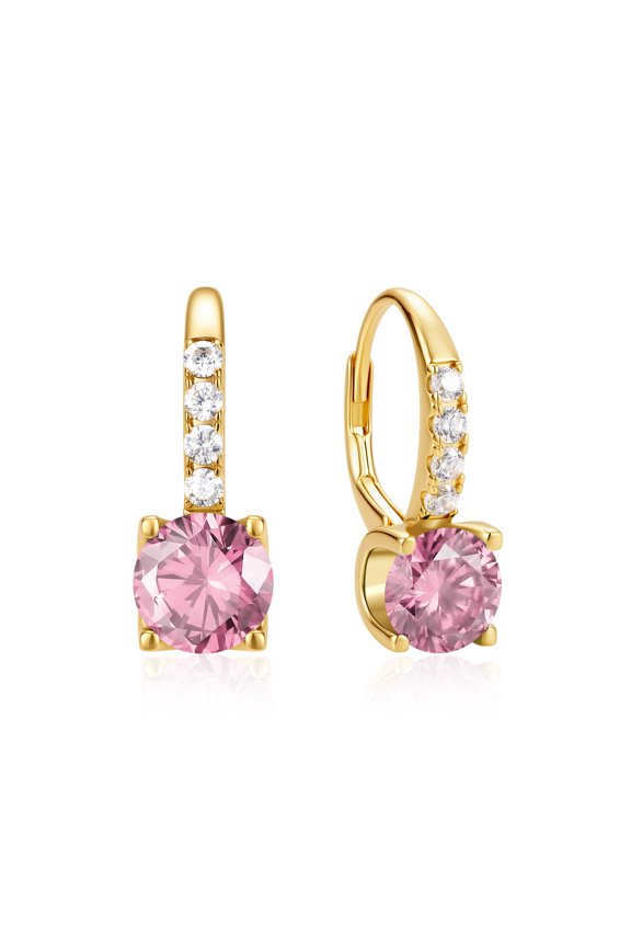 Women's 14K Gold Plated Sterling Silver October Birthstone Pink Tourmaline 6.5mm Hoop Dangle Earrings with Leverback Clasp