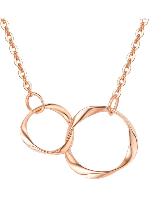 Solid 14K Rose Gold Infinity Pendant Necklace for Women with Two Interlocking Eternity Circles, 16"+2" Chain