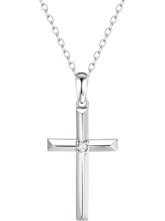 14K Solid White Gold Small 0.025 ct Diamond Cross Pendant Necklace for Women, 16"+2" Chain