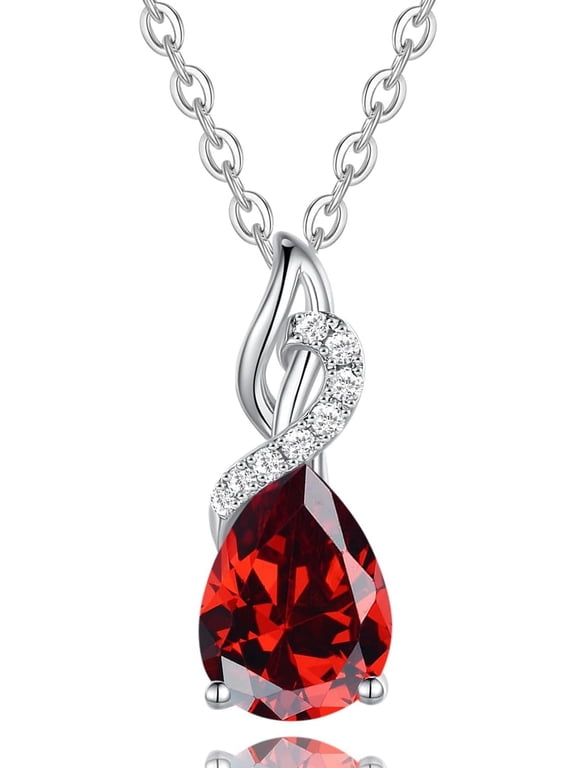 14K Solid White Gold Red Garnet Teardrop Pendant Necklace for Women with January Birthstone and Diamond