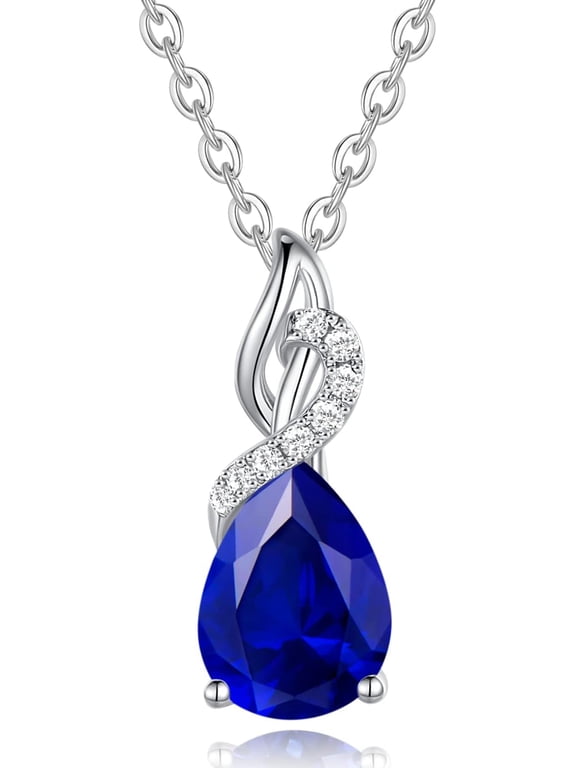 14K Solid White Gold Deep Blue Sapphire Teardrop Pendant Necklace for Women with September Birthstone and Diamond