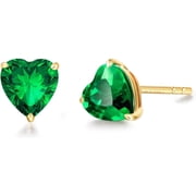 FANCIME Women's 14K Solid Yellow Gold May Birthstone Heart Stud Earrings with Prong-Set Gemstone Emerald, Fine Jewelry Gifts for Her