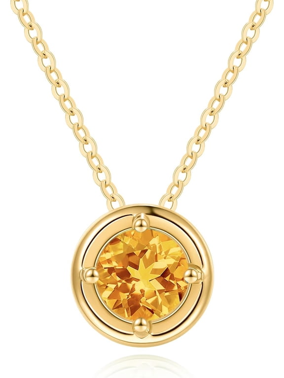 14K Solid Yellow Gold Round November Birthstone Necklace for Women Citrine Solitaire Pendant Necklace Delicate Dainty Fine Jewelry Anniversary Birthday Gift for Women Mom, 18 INCH