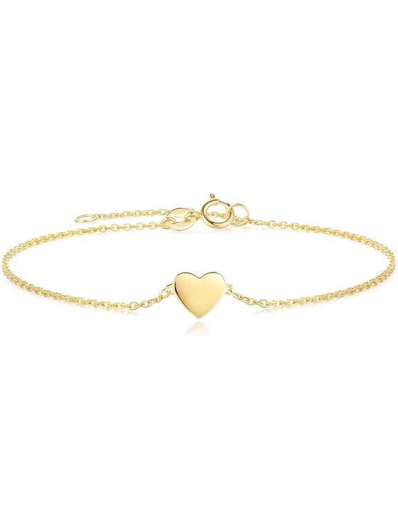 14k Solid Yellow Gold Heart Charm Bracelet Fine Jewelry Anniversary Birthday Gifts for Women, 6.7"+ 1.2" Chain