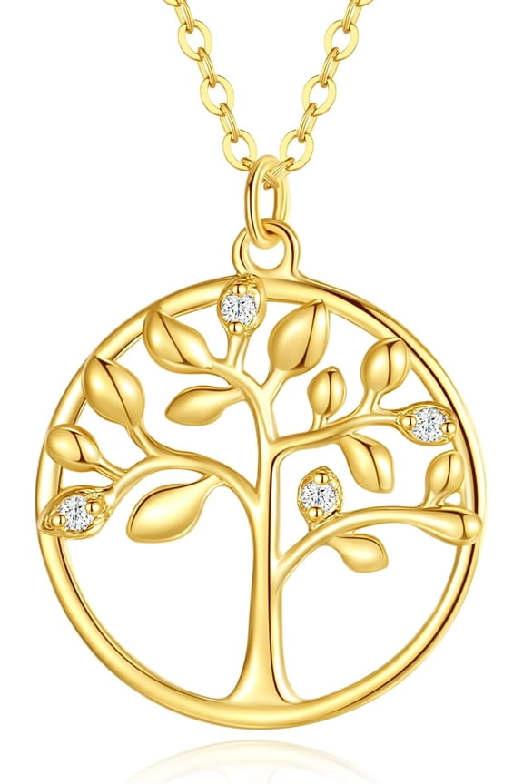14k Solid Yellow Gold Tree of Life Pendant Diamond Necklace Minimalist Dainty Fine Jewelry Anniversary Christmas Holiday Gifts for Women, 16"+2" Extender Chain