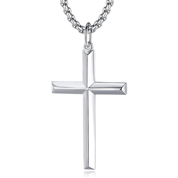 FANCIME 925 Sterling Silver Beveled Cross Pendant Necklace for Men, White Gold Plated with 24" Stainless Steel Box Chain