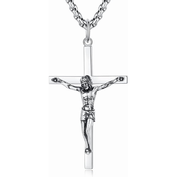 FANCIME 925 Sterling Silver Crucifix Cross Pendant Necklace for Men White Gold Plated with 24" Stainless Steel Box Chain