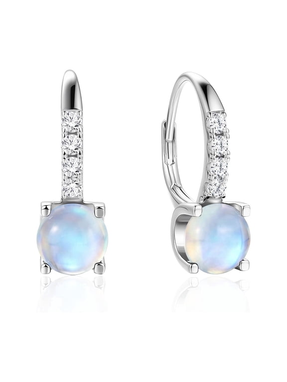 925 Sterling Silver Blue Moonstone Hoop Earrings for Women, June Birthstone Dangle with Leverback Clasp, 6.5mm