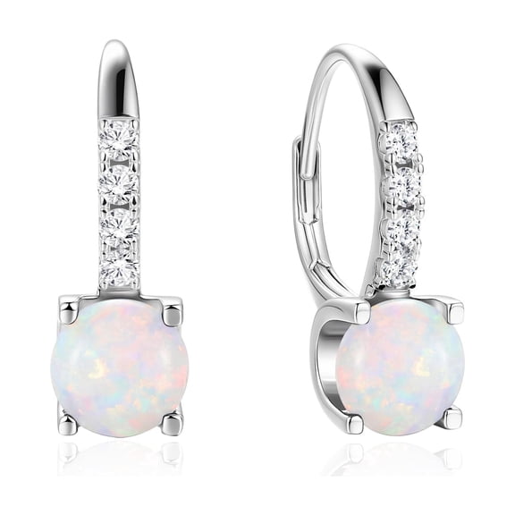 FANCIME Women's 925 Sterling Silver October Birthstone Opal 6.5mm Hoop Dangle Earrings with Leverback Clasp