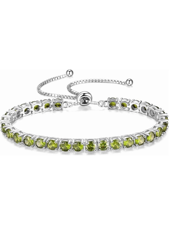 Sterling Silver Peridot Tennis Bracelet for Women, August Birthstone with Classic Bolo Adjustable Chain
