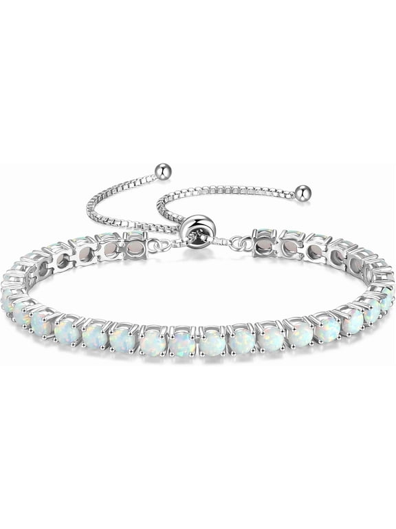 Sterling Silver Opal Tennis Bracelet for Women, October Birthstone with Classic Bolo Adjustable Chain