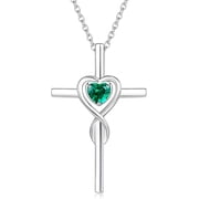 FANCIME Sterling Silver Heart Infinity Cross Emerald Pendant Necklace for Women, May Birthstone with 16"+2" Chain