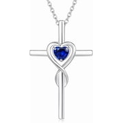 FANCIME Sterling Silver Heart Infinity Cross Sapphire Pendant Necklace for Women, September Birthstone with 16"+2" Chain