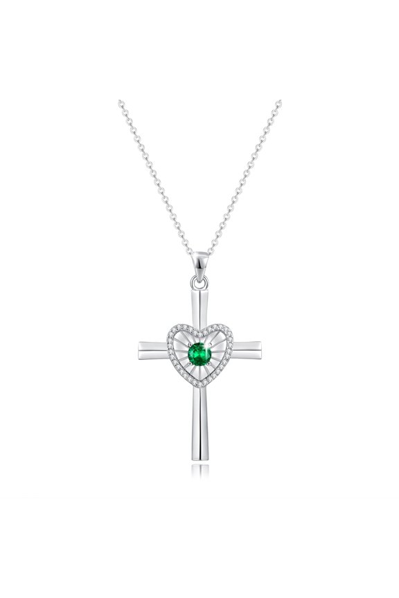 Birthstone Cross Necklace For Women Sterling Silver Birthstone Necklace Heartbeat Cross Pendant Fine Jewelry Christmas Birthday Gift Valentines Day Gift Holiday Gift For Her, 16"+2" Inch