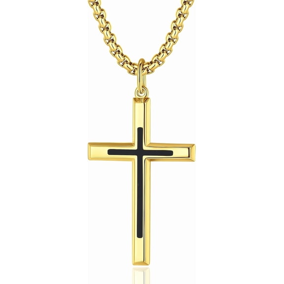 FANCIME 925 Sterling Silver Two-Tone Cross Pendant Necklace with Black Accent for Men, Yellow Gold Plated with 24" Stainless Steel Box Chain