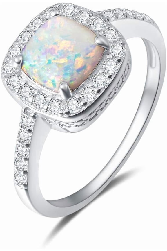 Women's 925 Sterling Silver October Birthstone Created Opal Halo Ring with CZ Cubic Zirconia, Engagement Wedding Ring Gift for Her, All Size