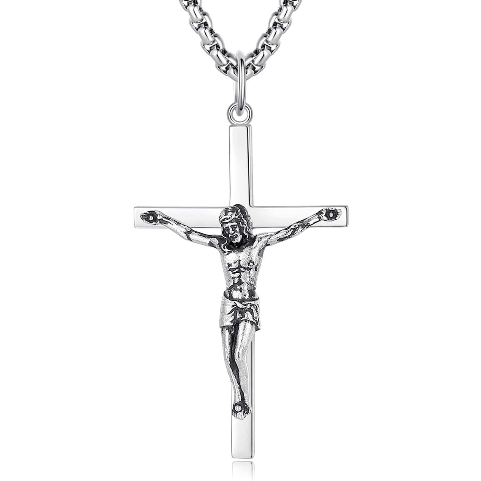 FANCIME Cross Necklace for Men Polished Cross Crucifix Pendant Necklace Sterling Silver Fine Jewelry Gifts for Him Men, Strong Stainless Steel Box Chain Length 24 Inch