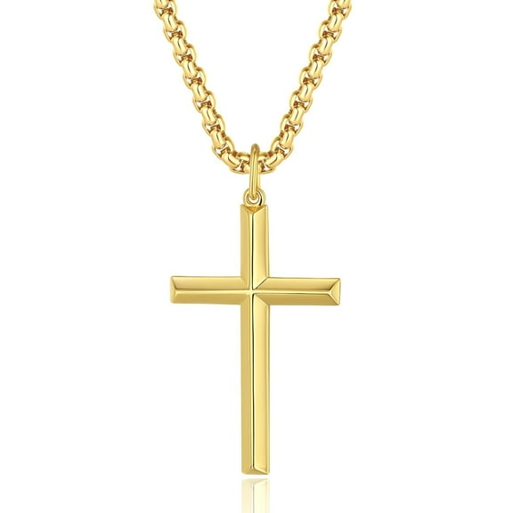 FANCIME Cross Necklace for Men Solid Sterling Silver High Polished Big Beveled Edge Men's Cross Pendant Long Necklace Fine Jewelry Gift, Strong Stainless Steel Box Chain Length 24"