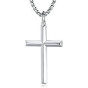 FANCIME Cross Necklace for Men Solid Sterling Silver High Polished Big Large Beveled Edge Long Cross Pendant Necklace Fine Jewelry Gift for Men, Stainless Steel Box Chain Length 24 Inch