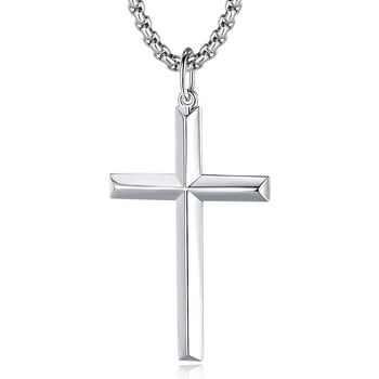 FANCIME Cross Necklace for Men Solid Sterling Silver High Polished Big Large Beveled Edge Long Cross Pendant Necklace Fine Jewelry Gift for Men, Stainless Steel Box Chain Length 24 Inch