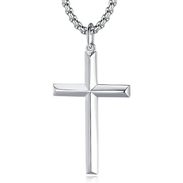 FANCIME Cross Necklace for Men Solid Sterling Silver High Polished Big Large Beveled Edge Long Cross Pendant Necklace Fine Jewelry Gift for Men, Stainless Steel Box Chain Length 24 Inch