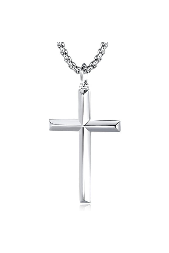 Cross Necklace for Men Solid Sterling Silver High Polished Big Large Beveled Edge Long Cross Pendant Necklace Fine Jewelry Gift for Men, Stainless Steel Box Chain Length 24 Inch