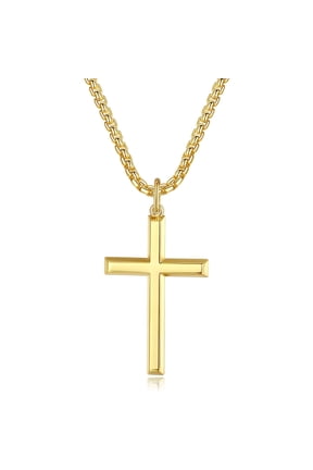 925 Solid Sterling Silver Cross Pendant Necklace for Men, Yellow Gold Plated with 24" Stainless Steel Box Chain