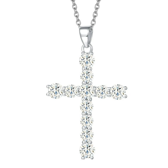 FANCIME Cross Necklace for Women Sterling Silver Clear Cubic Zirconia CZ Simulated Diamond Cross Prong Pendant Necklace Fine Jewelry Gifts, 16" + 2" Extender