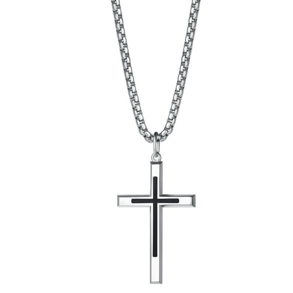 FANCIME Cross Pendant Necklace for Men Solid Sterling Silver Polished Black Men's Long Cross Pendant Necklace Fine Jewelry Gifts for Him Men, Stainless Steel Box Chain Length 24"