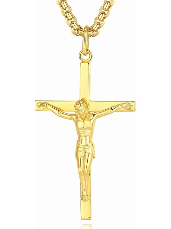925 Sterling Silver Crucifix Cross Pendant Necklace for Men Yellow Gold Plated with 24" Stainless Steel Box Chain
