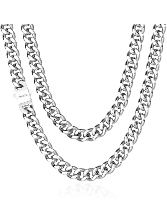 Men's White Gold Plated Stainless Steel Hip Hop Miami Cuban Link Chain Necklace, 7mm/9mm/11mm Width, 20"-24", Waterproof & Tarnish-Free